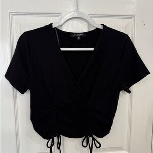 Drawstring V-Neck Black Ribbed Crop Top
